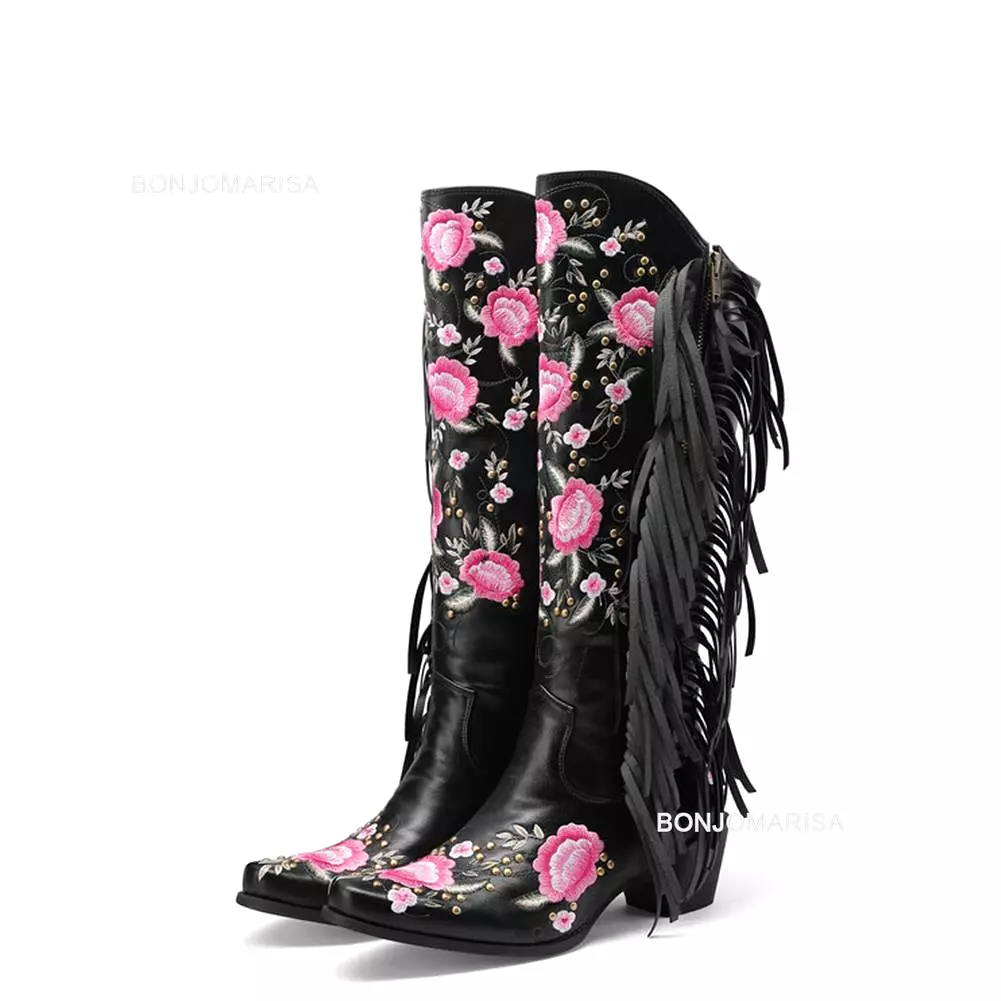 2023 Brand New High Heeled Women Knee High Western Boots Pointed Toed Fringed Flower Zip Spring Autumn Lady Shoes