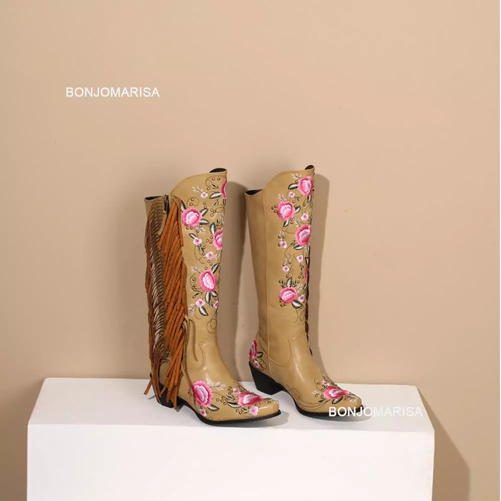 2023 Brand New High Heeled Women Knee High Western Boots Pointed Toed Fringed Flower Zip Spring Autumn Lady Shoes