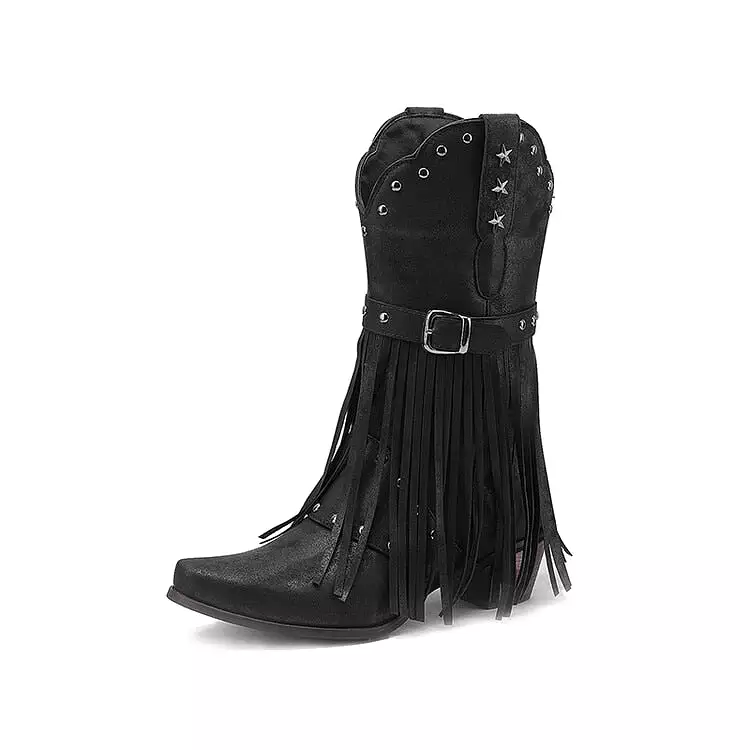 2023 Brand New High Heeled Women Western Mid-calf Boots Pointed Toed Fringed Buckle Metal Star Decor Spring Shoes