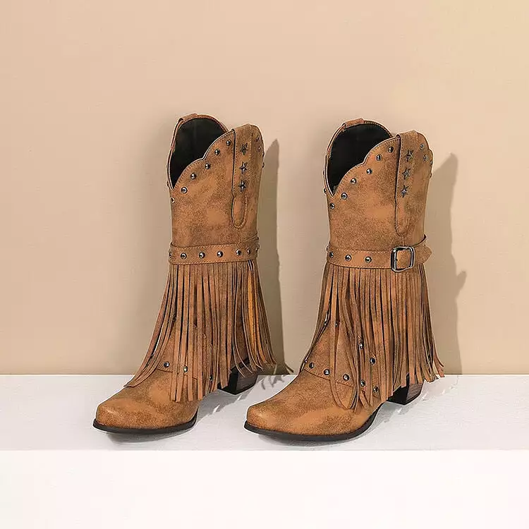 2023 Brand New High Heeled Women Western Mid-calf Boots Pointed Toed Fringed Buckle Metal Star Decor Spring Shoes