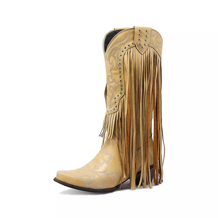 2023 Brand New High Heeled Women Western Mid-calf Boots Pointed Toed Fringed Slip-on Spring Autumn Fashion Shoes