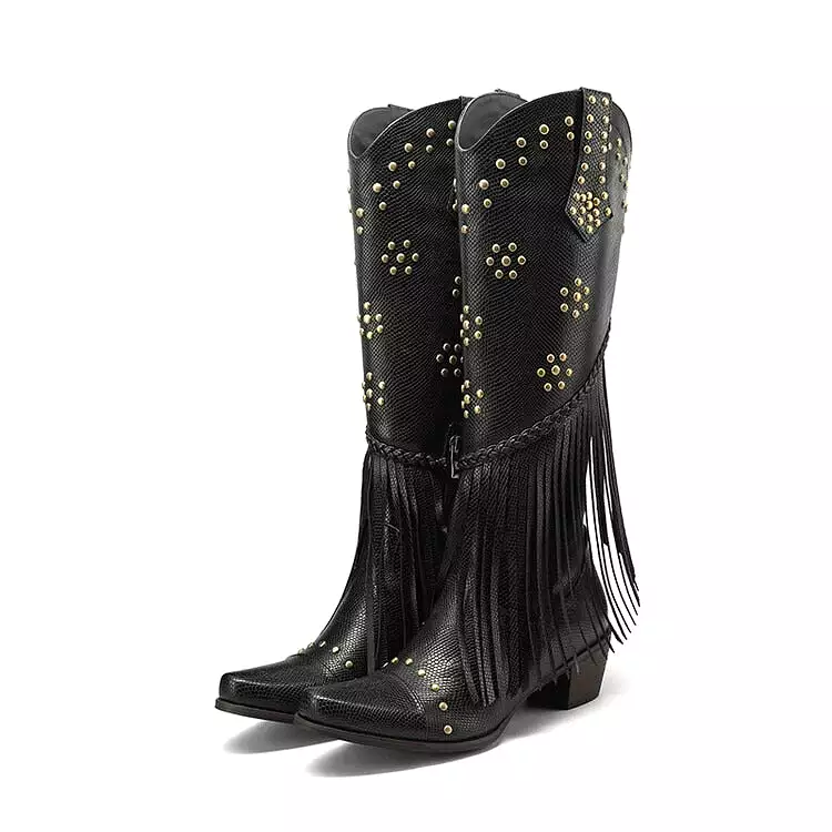 2023 Brand New Women Western Knee High Boots Knight Pointed Toed Zip Metal Nail Fringed Spring Autumn Lady Shoes