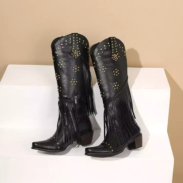 2023 Brand New Women Western Knee High Boots Knight Pointed Toed Zip Metal Nail Fringed Spring Autumn Lady Shoes