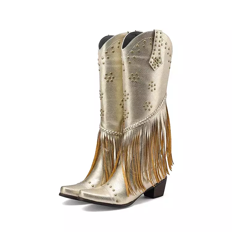 2023 Brand New Women Western Knee High Boots Knight Pointed Toed Zip Metal Nail Fringed Spring Autumn Lady Shoes