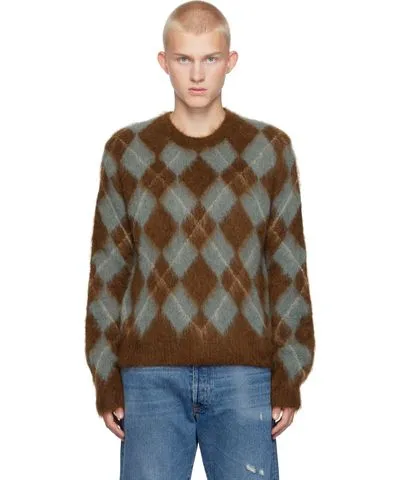 AMI PARIS Blue & Brown Alpaca Mohair Brushed Argyle Sweater