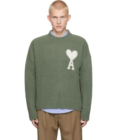 AMI PARIS Green Ami de Coeur Crew Neck Sweater