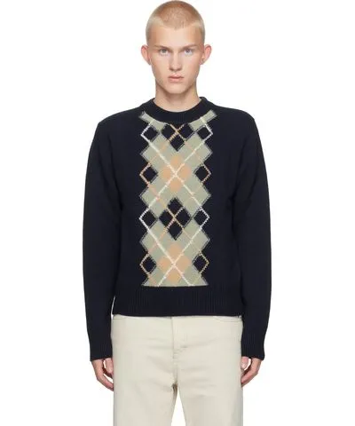 AMI PARIS Navy Argyle Crew Neck Sweater