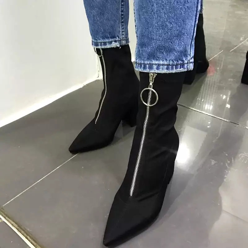 Ashore Shop Women Shoes winter Fashion Pointed boots Stretch fabric Front zipper Ankle Boots short boots sexy High heels shoes