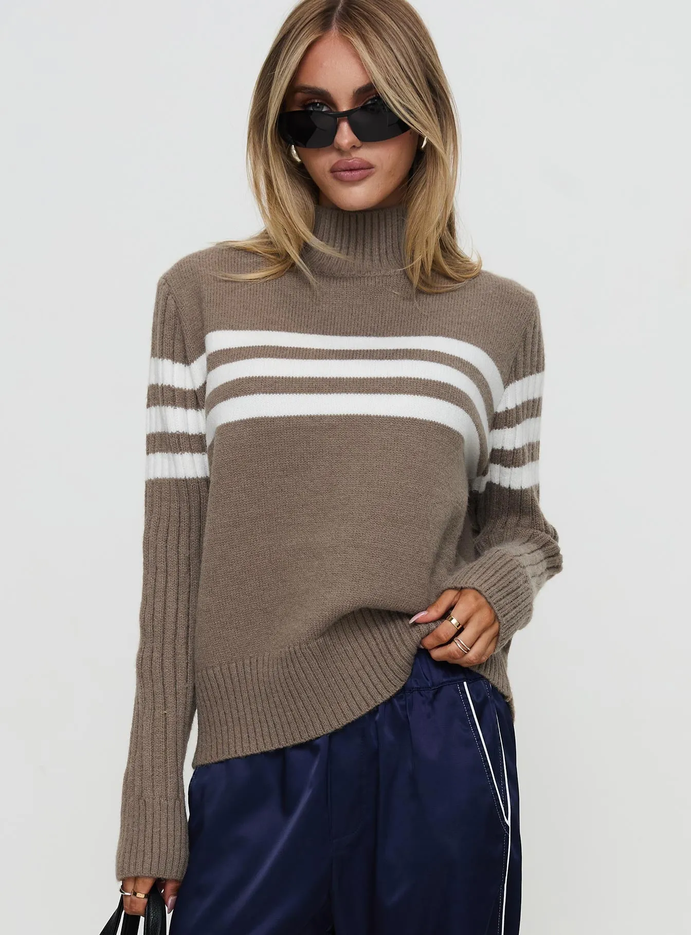 Bessemer Funnel Neck Knit Sweater Mocha Stripe