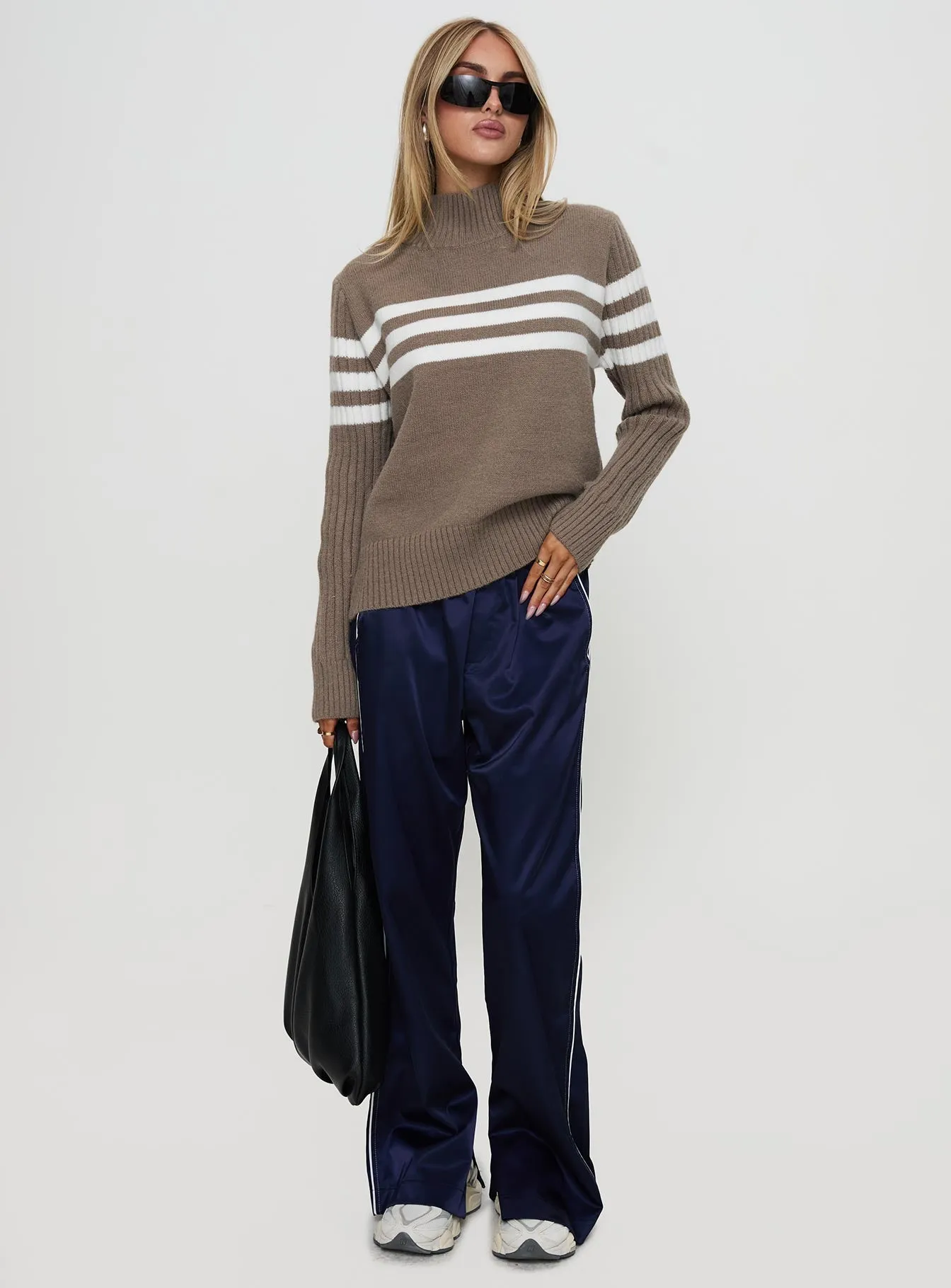 Bessemer Funnel Neck Knit Sweater Mocha Stripe