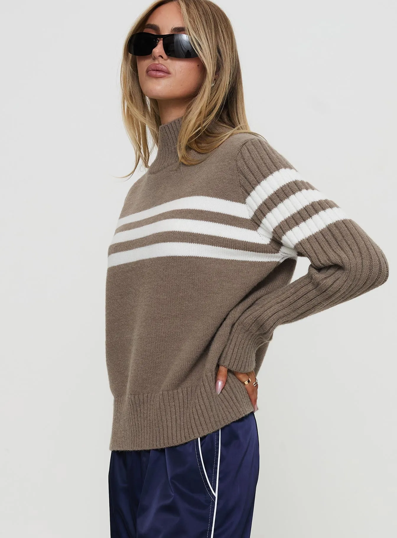 Bessemer Funnel Neck Knit Sweater Mocha Stripe