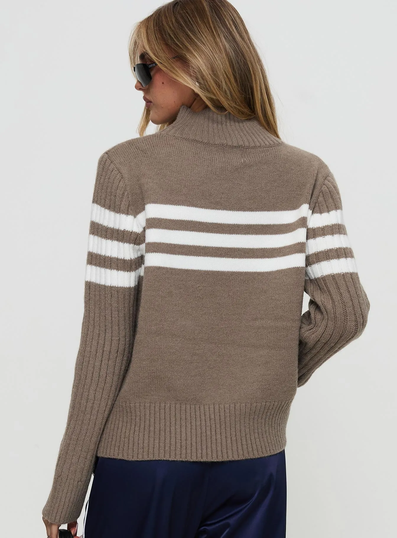 Bessemer Funnel Neck Knit Sweater Mocha Stripe