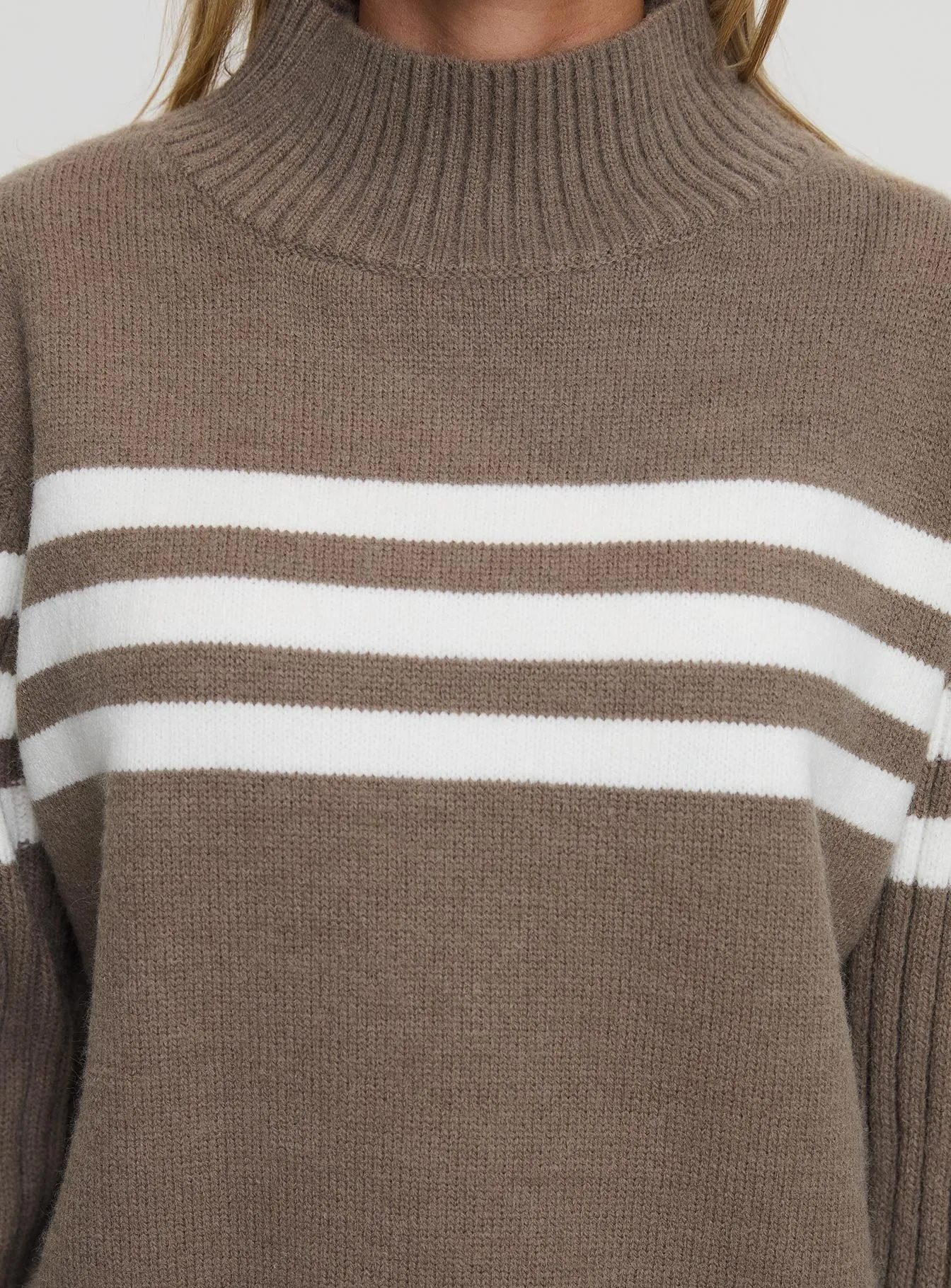 Bessemer Funnel Neck Knit Sweater Mocha Stripe