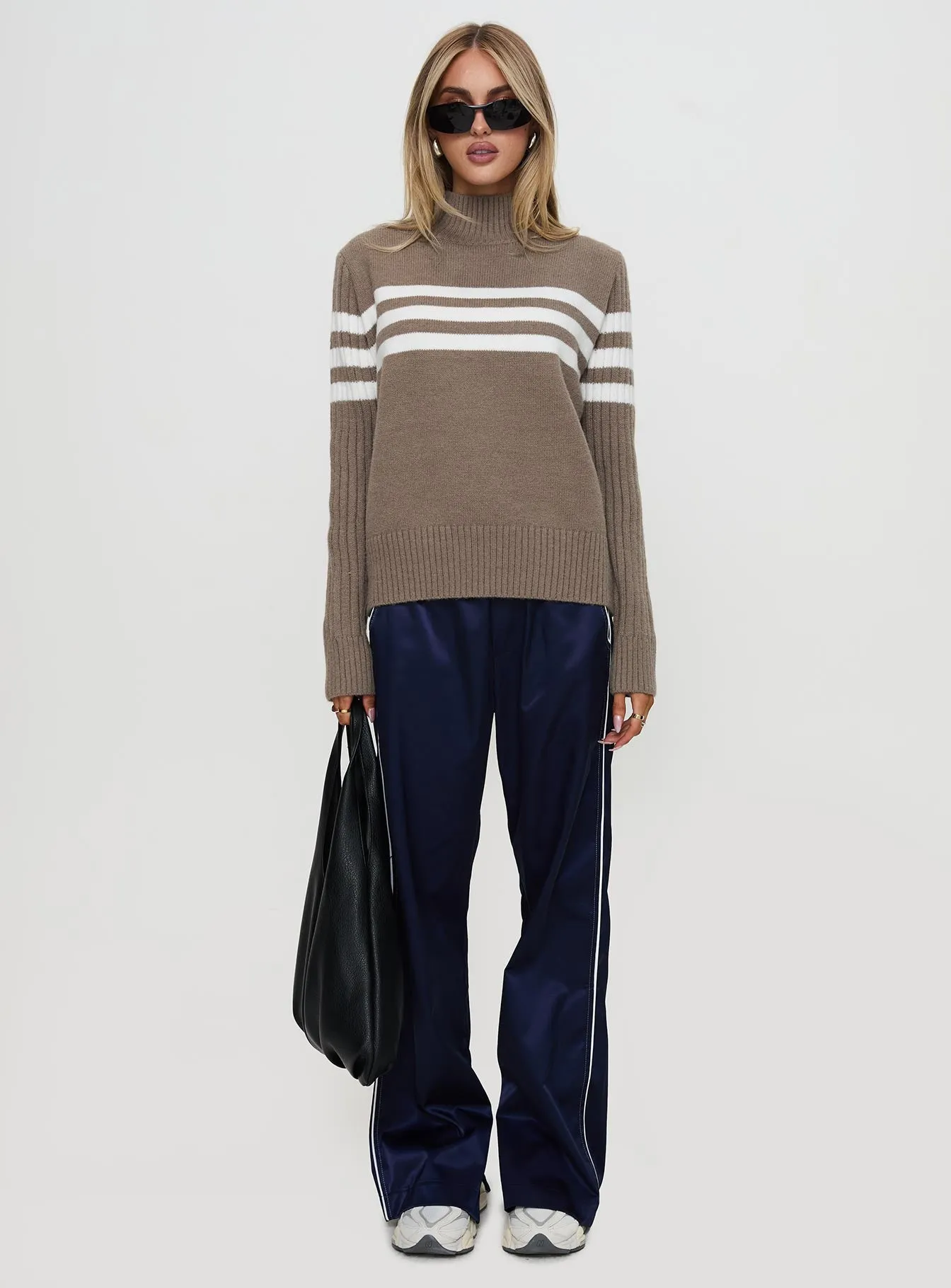 Bessemer Funnel Neck Knit Sweater Mocha Stripe