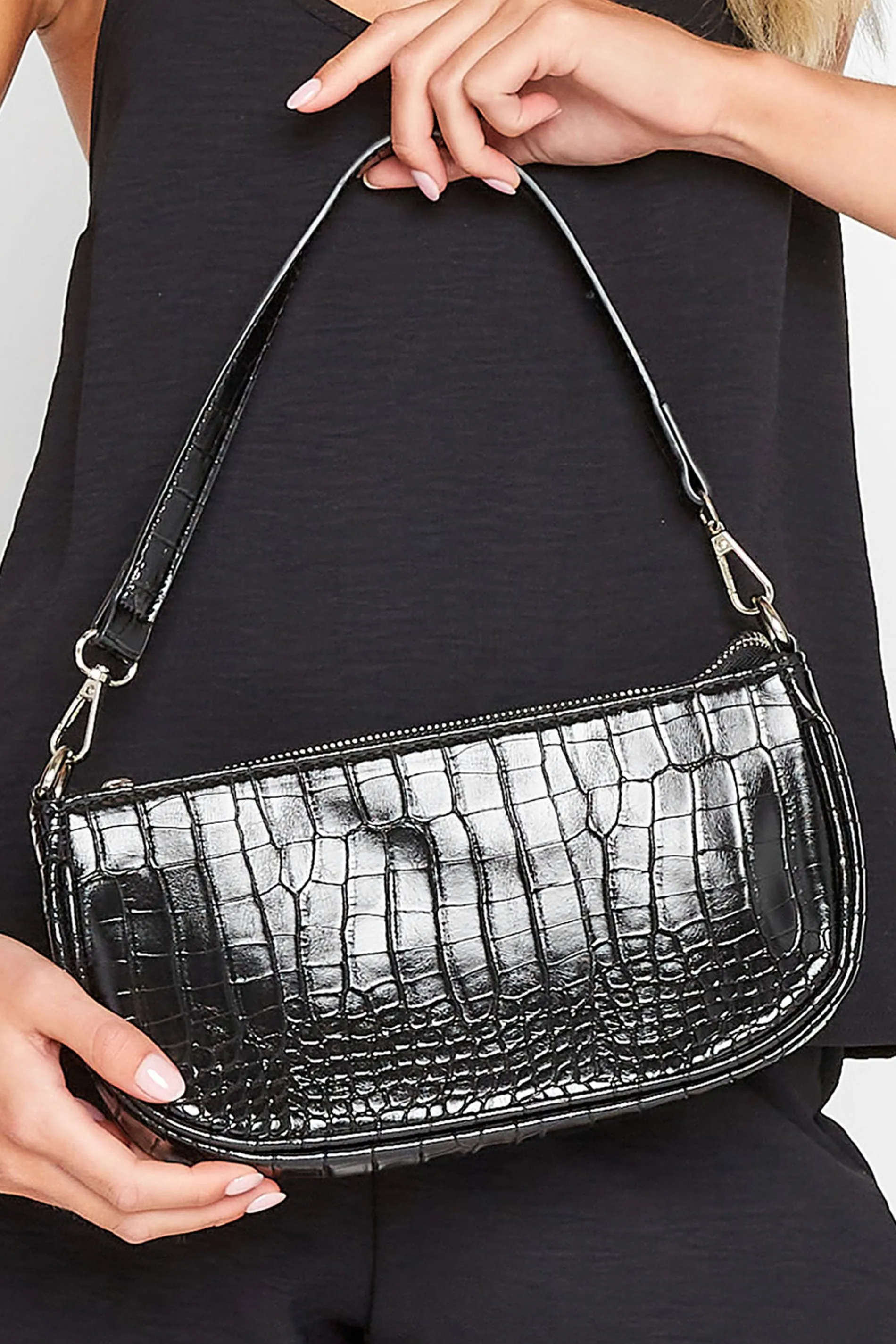 Black Faux Croc Shoulder Bag