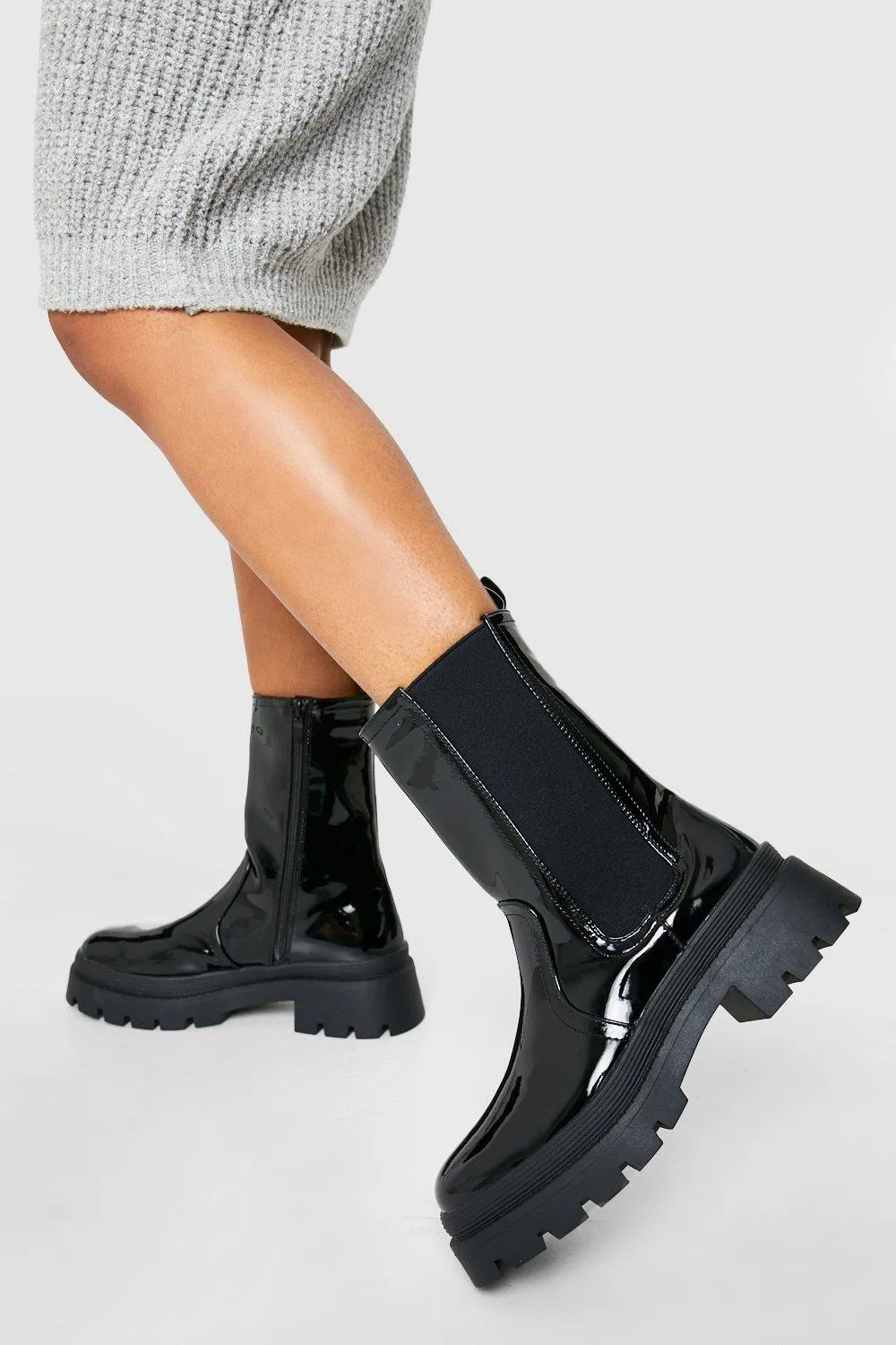 Chunky Rand Patent Chelsea Boots