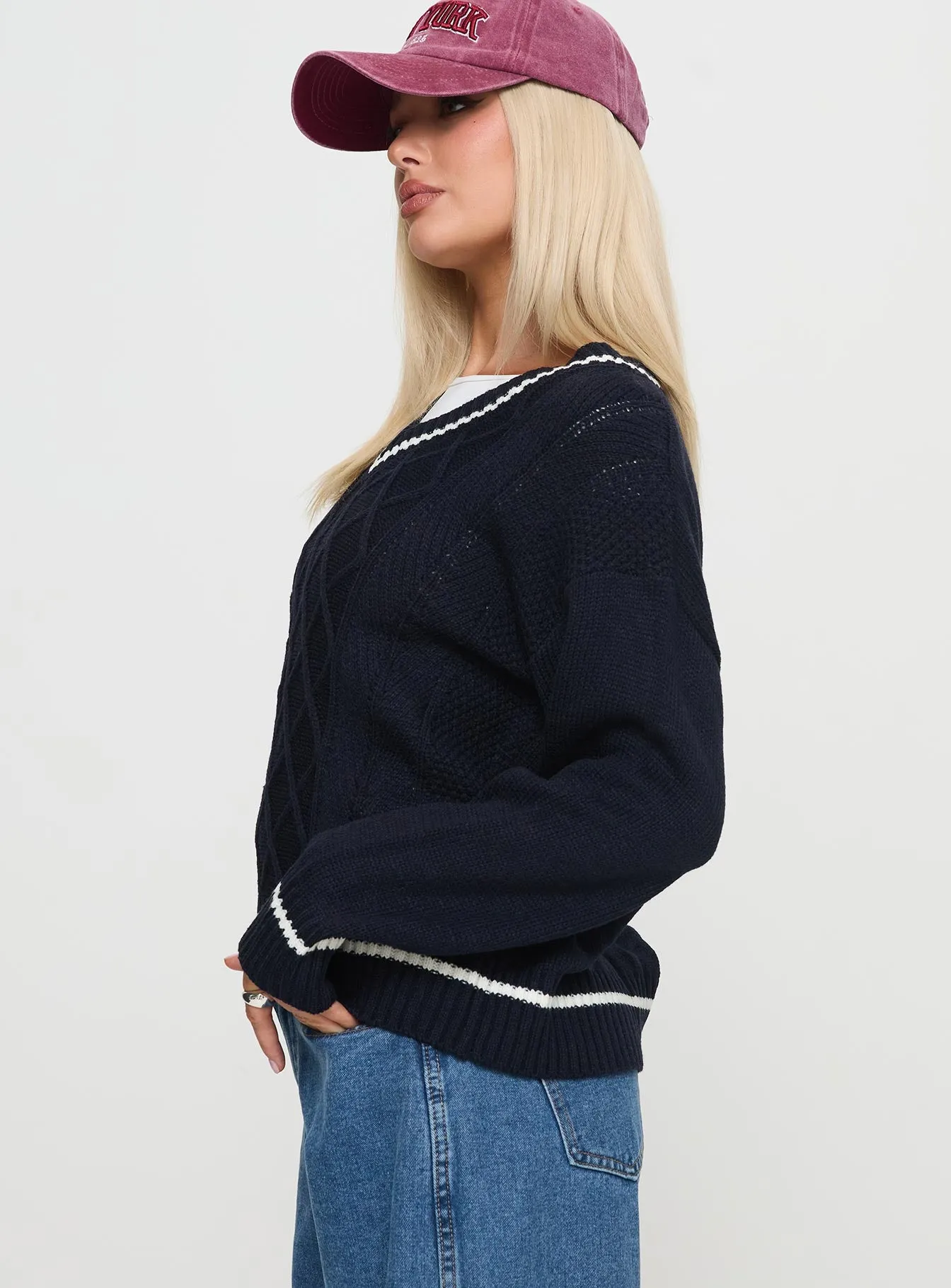 Covina V Neck Knit Sweater Navy