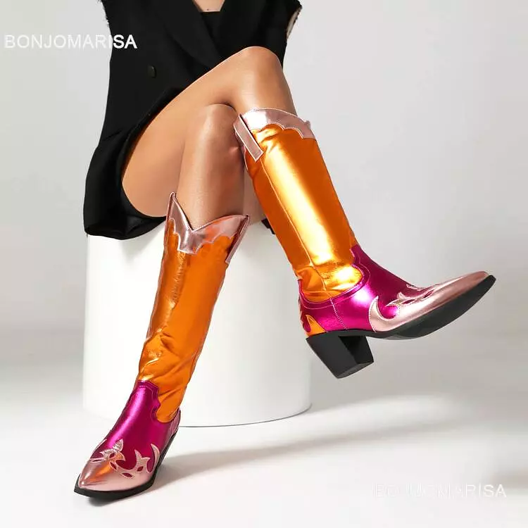 Cowboy Boots For Women Mixed Color Metallic Bling Sliver Western Boots Block Heel Slip On 2023 Autumn Winter Shoes