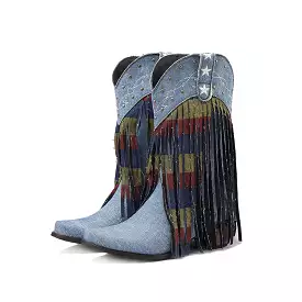 Cowboy Cowgirl Boots  Women High Heeled Western Mid-calf Boots Pointed Toed Denim Fringe Star Embroidered Shoes