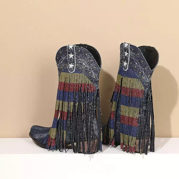 Cowboy Cowgirl Boots  Women High Heeled Western Mid-calf Boots Pointed Toed Denim Fringe Star Embroidered Shoes