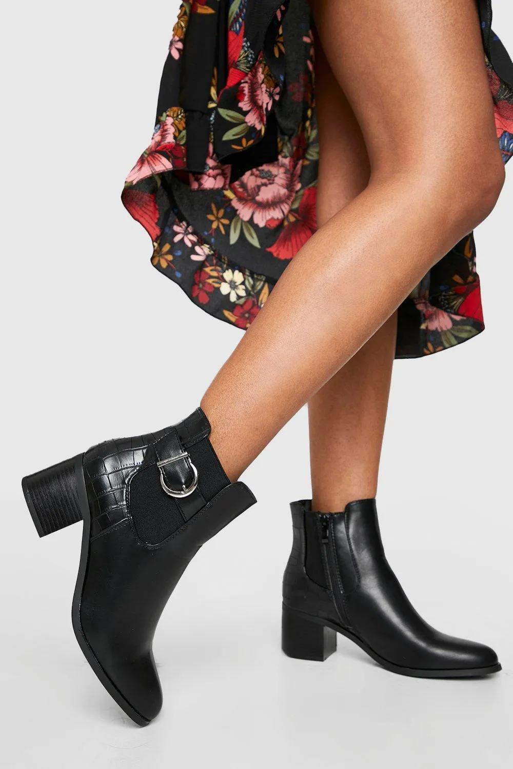 Croc Buckle Detail Heeled Chelsea Boots