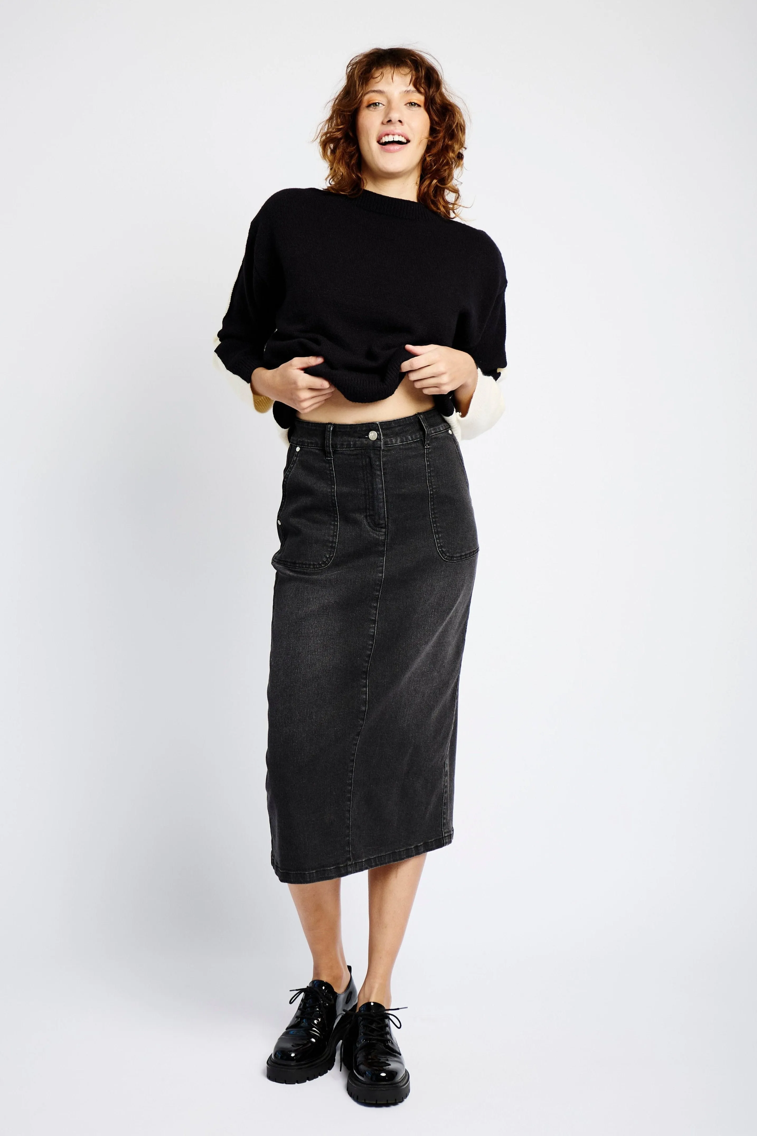 Denim Skirt with Back Slit in Black