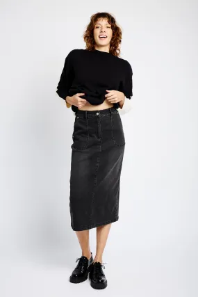 Denim Skirt with Back Slit in Black