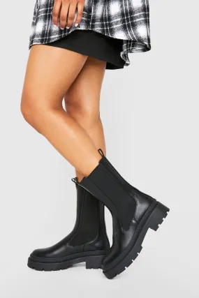 Double Tab Calf Height Chunky Chelsea Boots