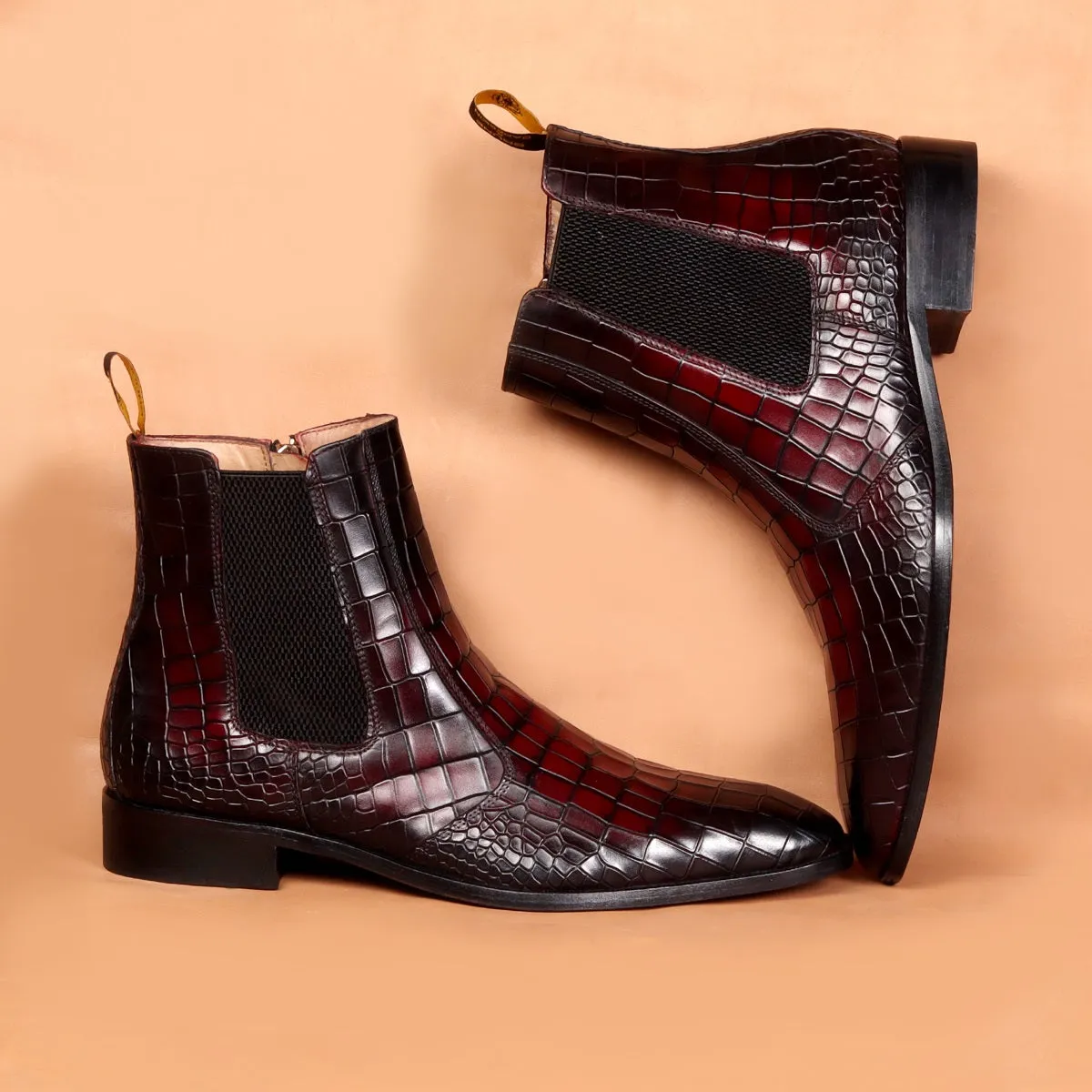 Dual Shade Patina Finish Chelsea Boots in Deep Cut Leather Assisting Zip Closure Leather Sole