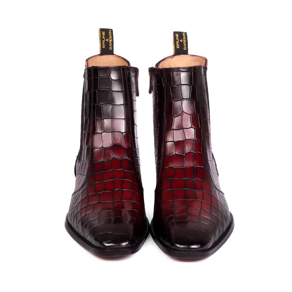 Dual Shade Patina Finish Chelsea Boots in Deep Cut Leather Assisting Zip Closure Leather Sole