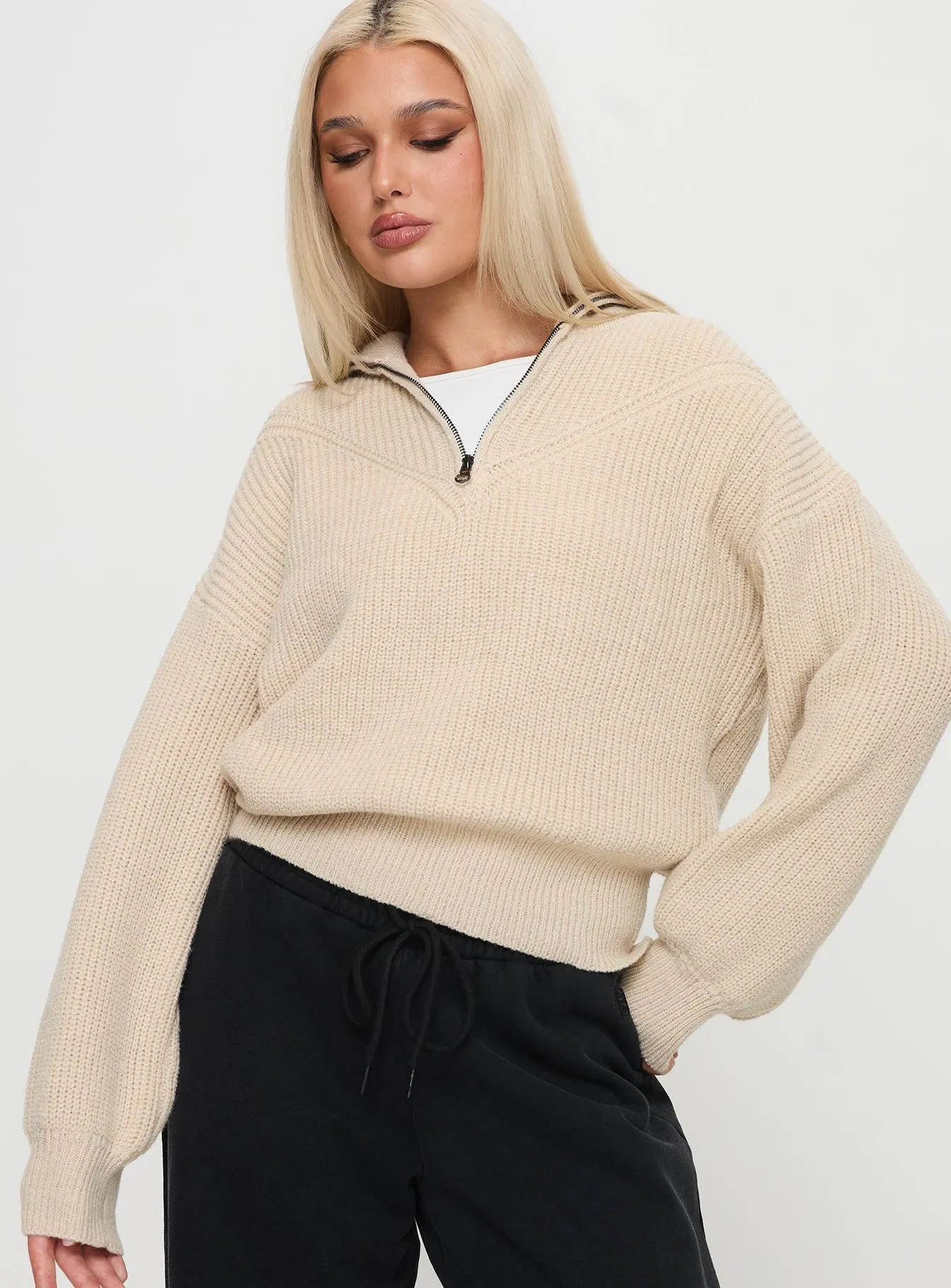 Fireheart Zip Through Knit Sweater Beige