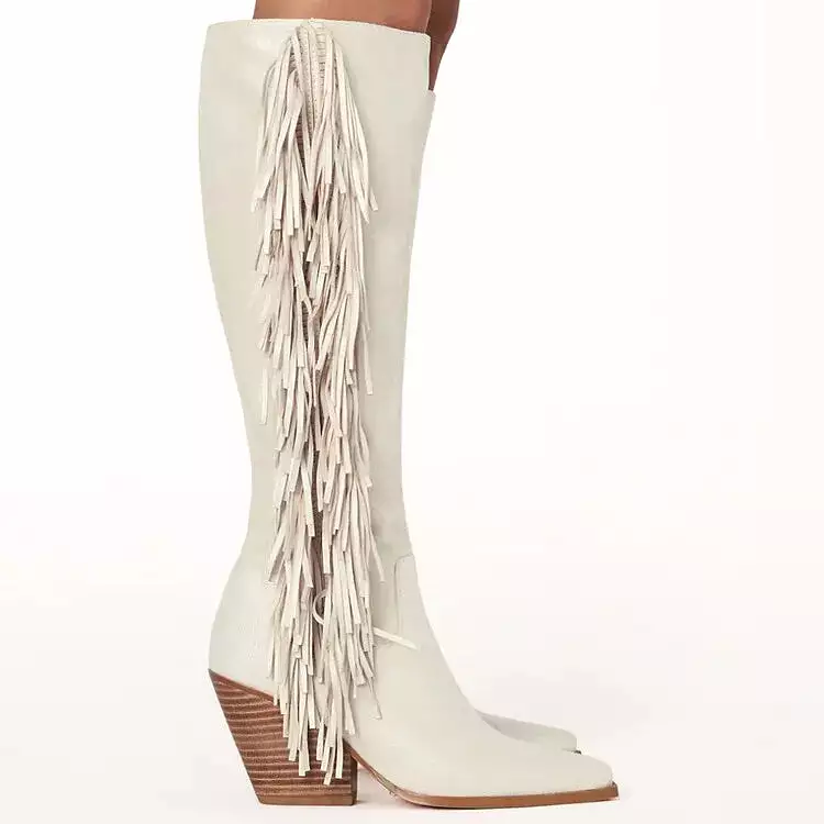 Fringe White Cowboy Boots For Women Western Cowgirl Side Zip White Knee High Shoes For Women 2024