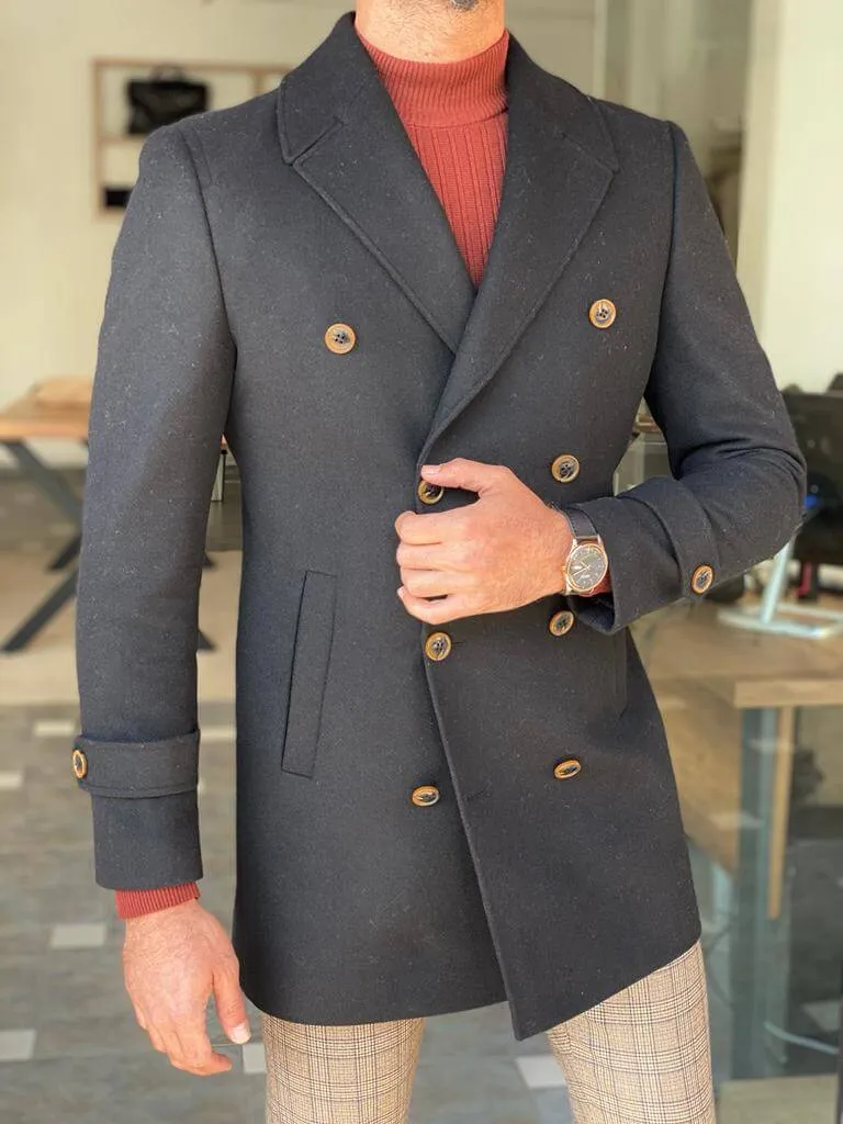 Hollo Double Breasted Black Wool Coat