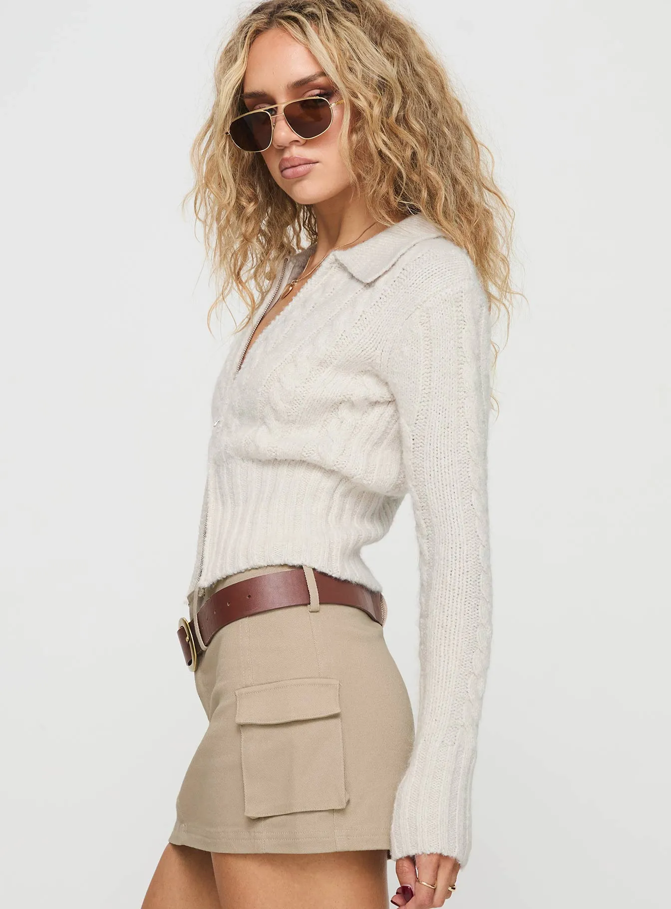 Jeller Zip Front Knit Sweater Beige