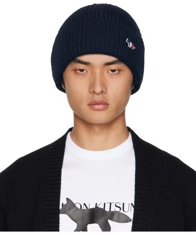 Maison Kitsune Navy Tricolor Fox Beanie