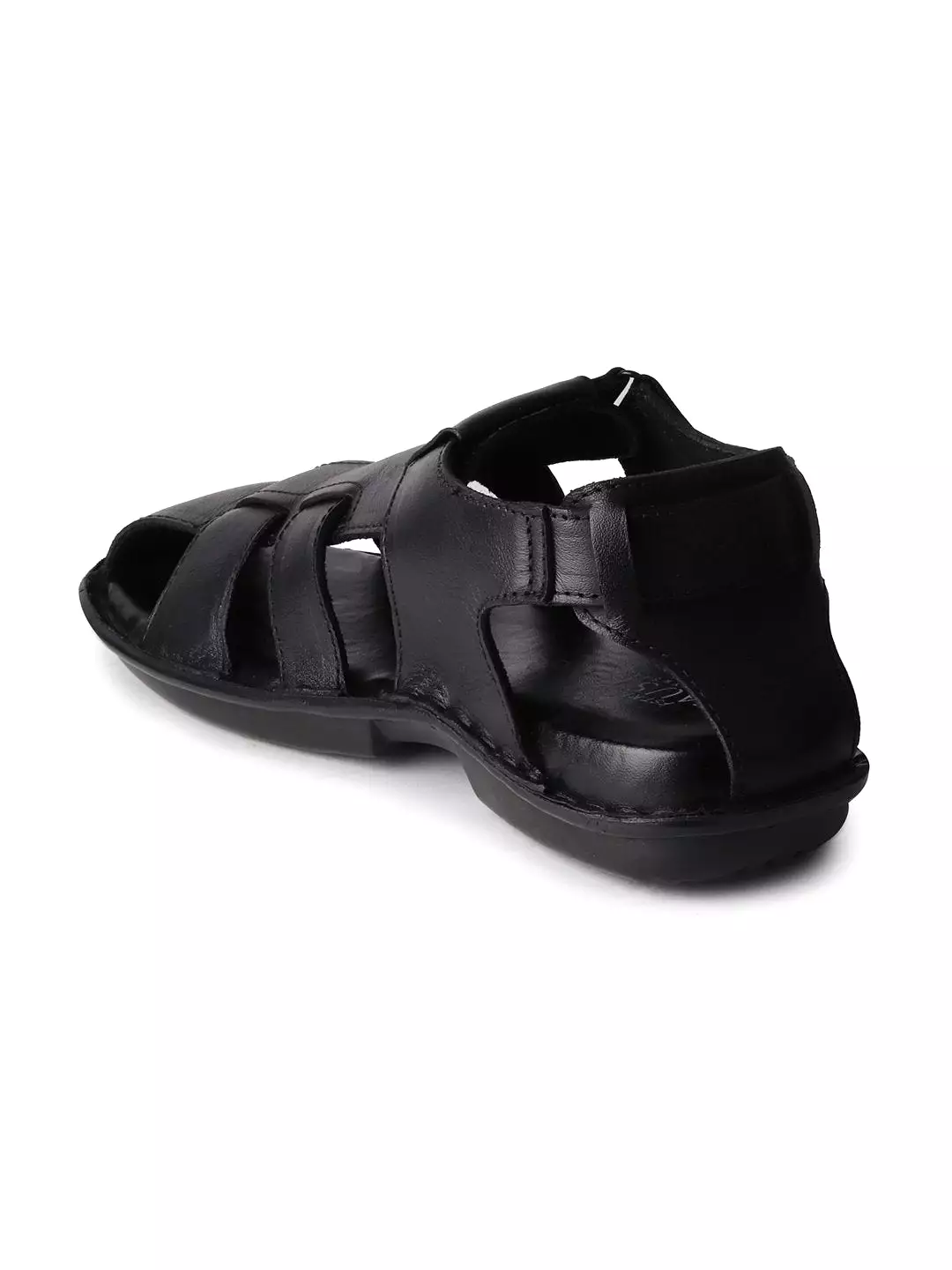 Men Black Formal Leather Hook & Loop Flat Sandals