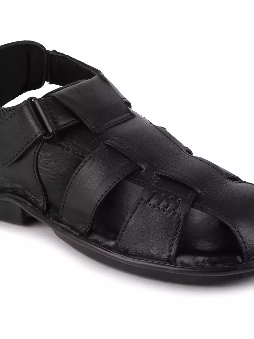 Men Black Formal Leather Hook & Loop Flat Sandals