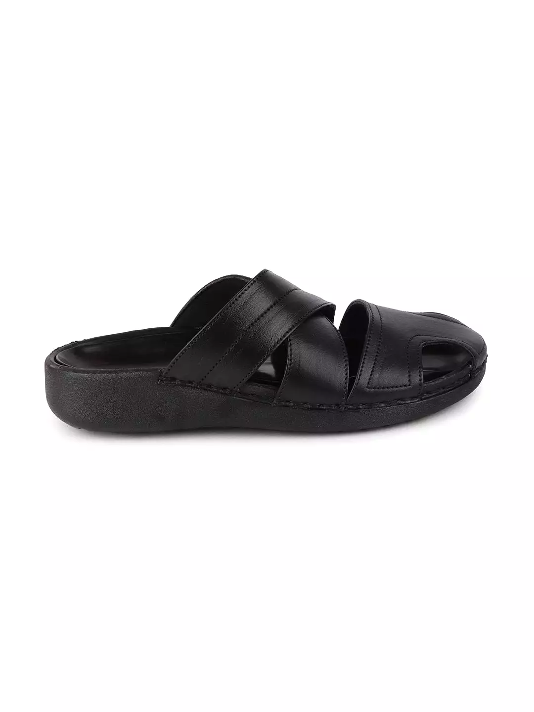 Men Black Formal Leather Slip-On Flat Sandals