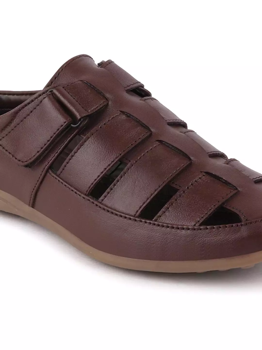 Men Brown Casual Leather Hook & Loop Back Open Roman Sandals