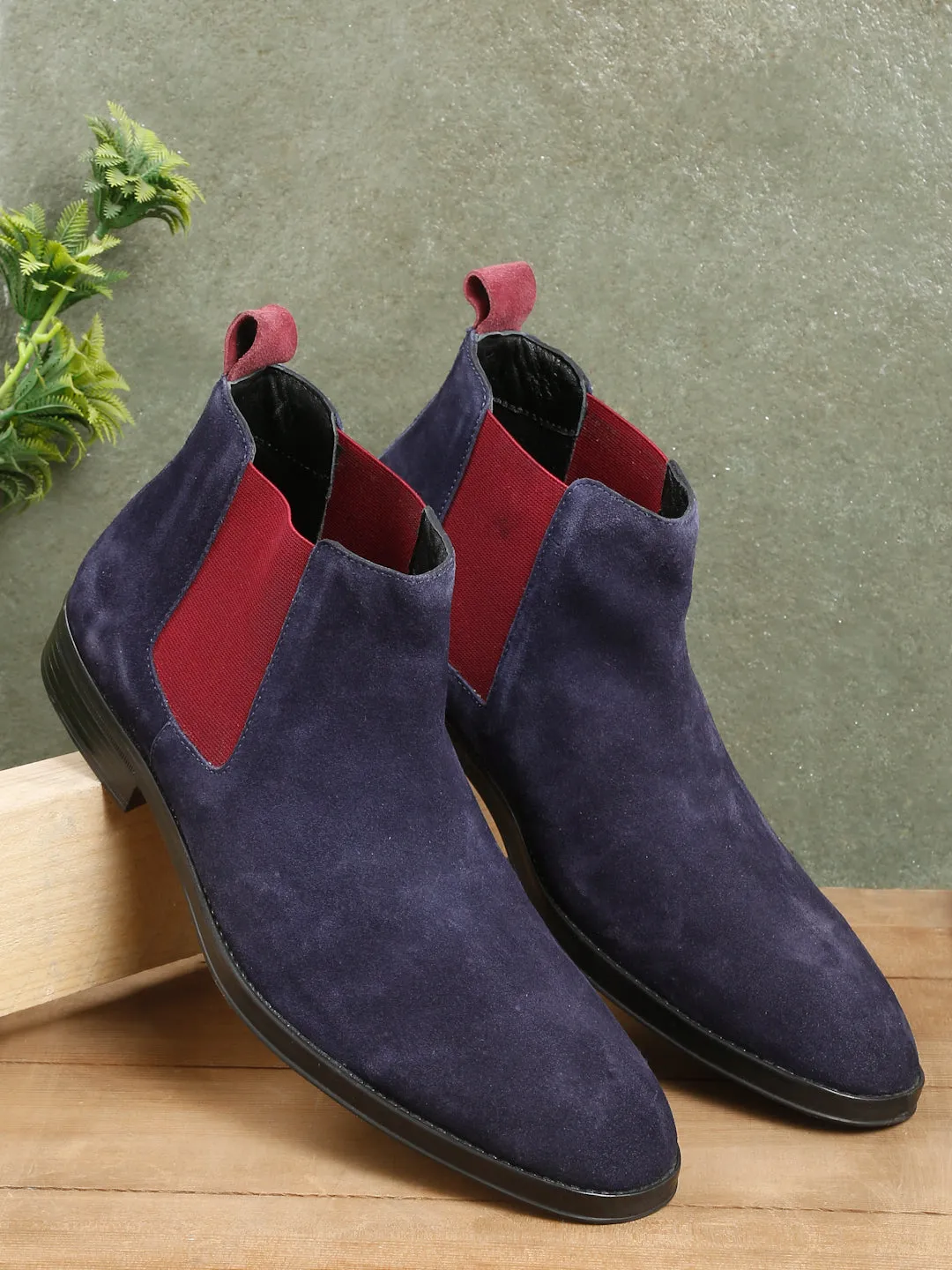 Men Navy Suede Mid-Top Chelsea Boot