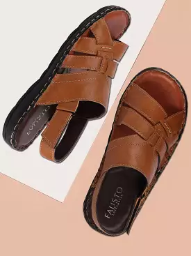 Men Tan Casual Hook & Loop Sandals