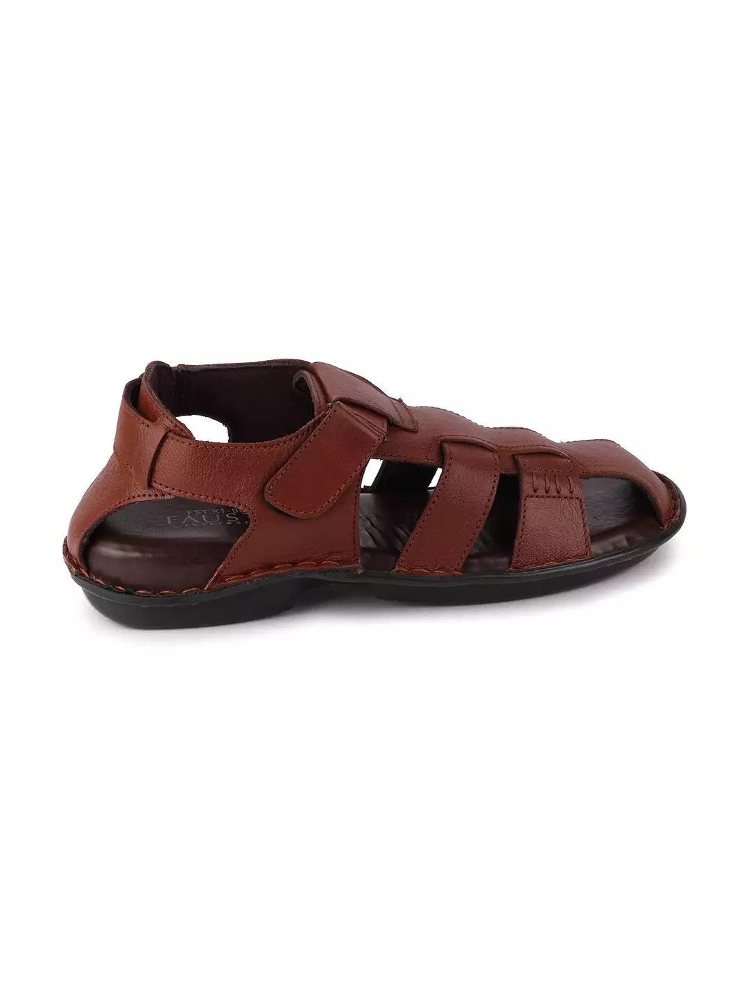 Men Tan Formal Leather Hook & Loop Flat Sandals