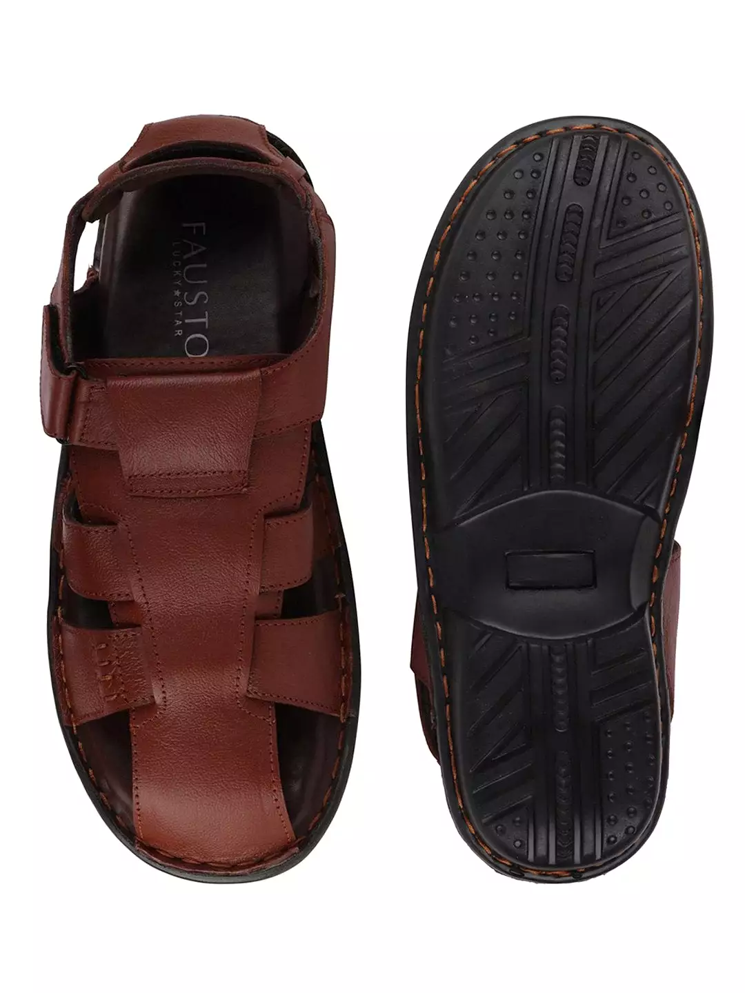 Men Tan Formal Leather Hook & Loop Flat Sandals