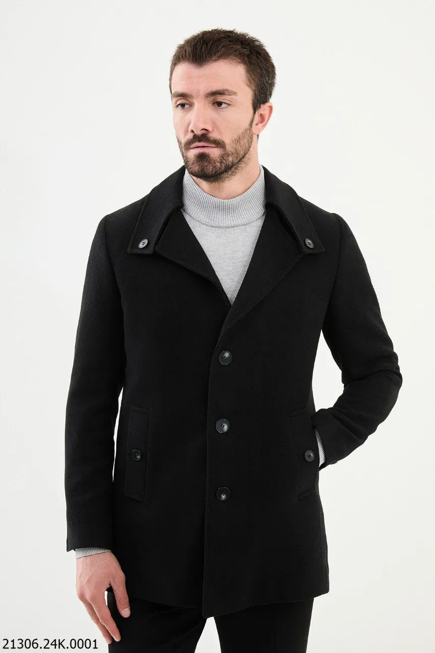 Men's Black Asymmetrical Button Winter Coat