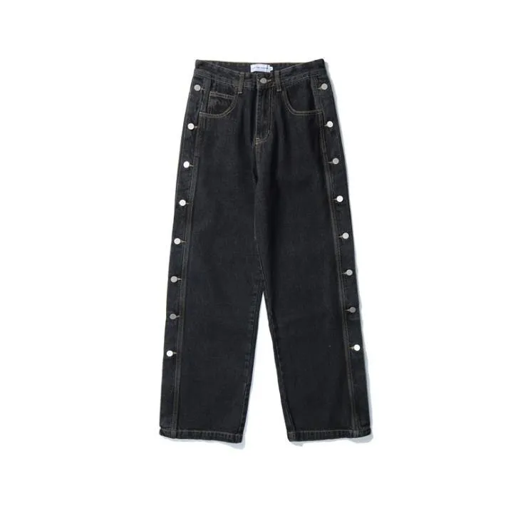 Men's Denim Side Button Hip Hop Straight Streetwear Wide Feet Pants