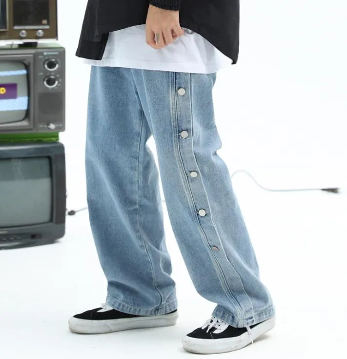 Men's Denim Side Button Hip Hop Straight Streetwear Wide Feet Pants