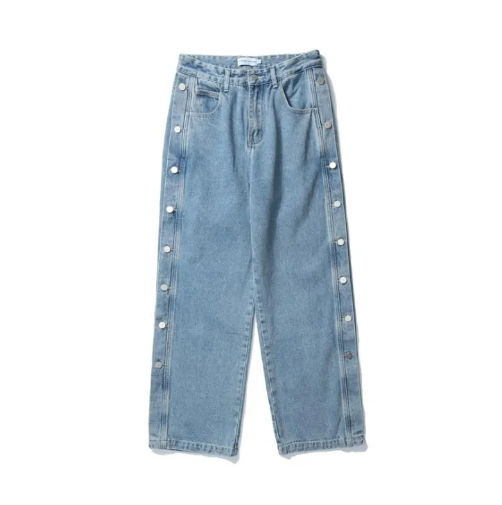 Men's Denim Side Button Hip Hop Straight Streetwear Wide Feet Pants