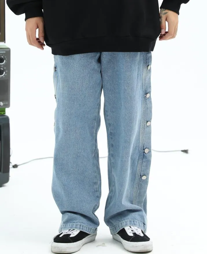 Men's Denim Side Button Hip Hop Straight Streetwear Wide Feet Pants