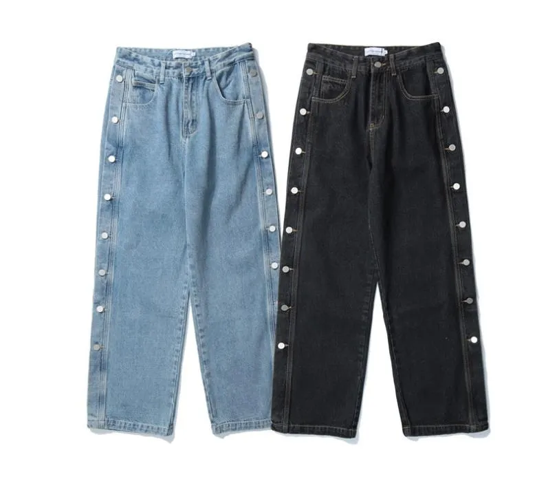 Men's Denim Side Button Hip Hop Straight Streetwear Wide Feet Pants