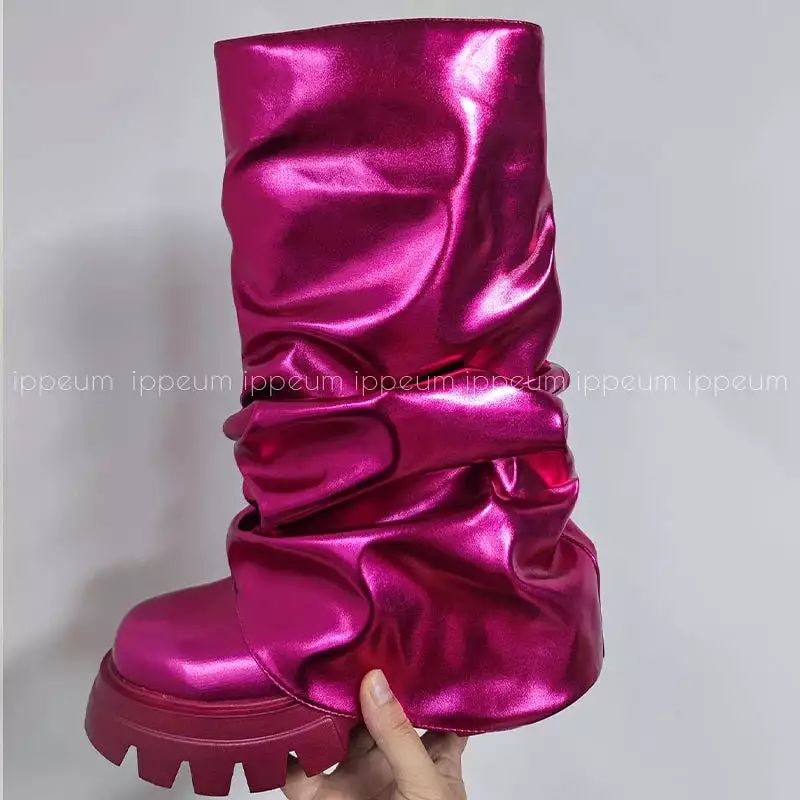 Metallic Boots Mid Calf In Gold Shark Botas Luxury Winter Platform y2k Shoes For Women Free Shipping